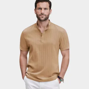 Men's Striped Henley Shirt - Cotton & Linen Blend - Short Sleeve - Breathable & Stylish - Multiple Colours