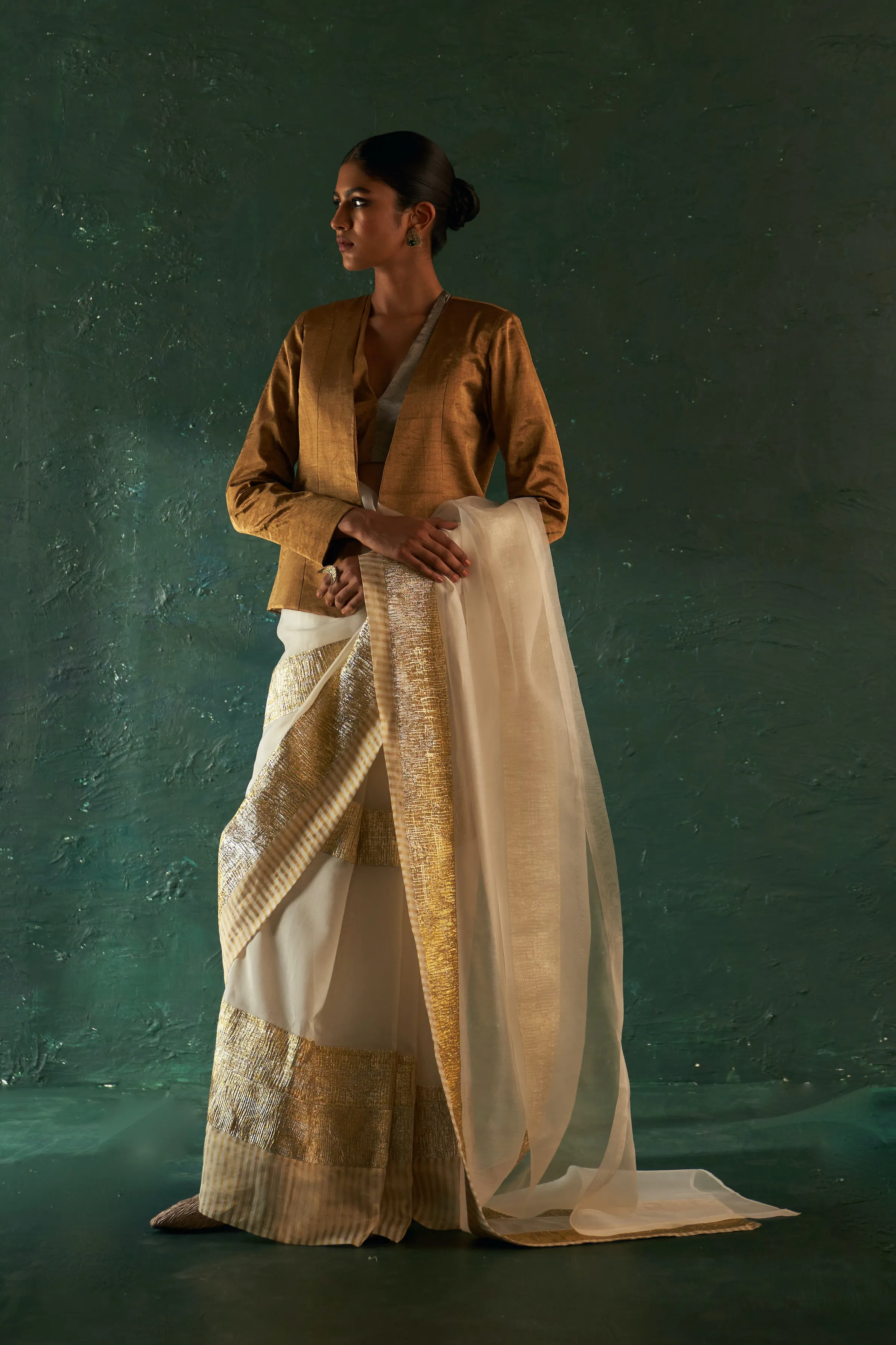 Midas Ivory Saree with Tissue Blouse & Blazer- set of 3