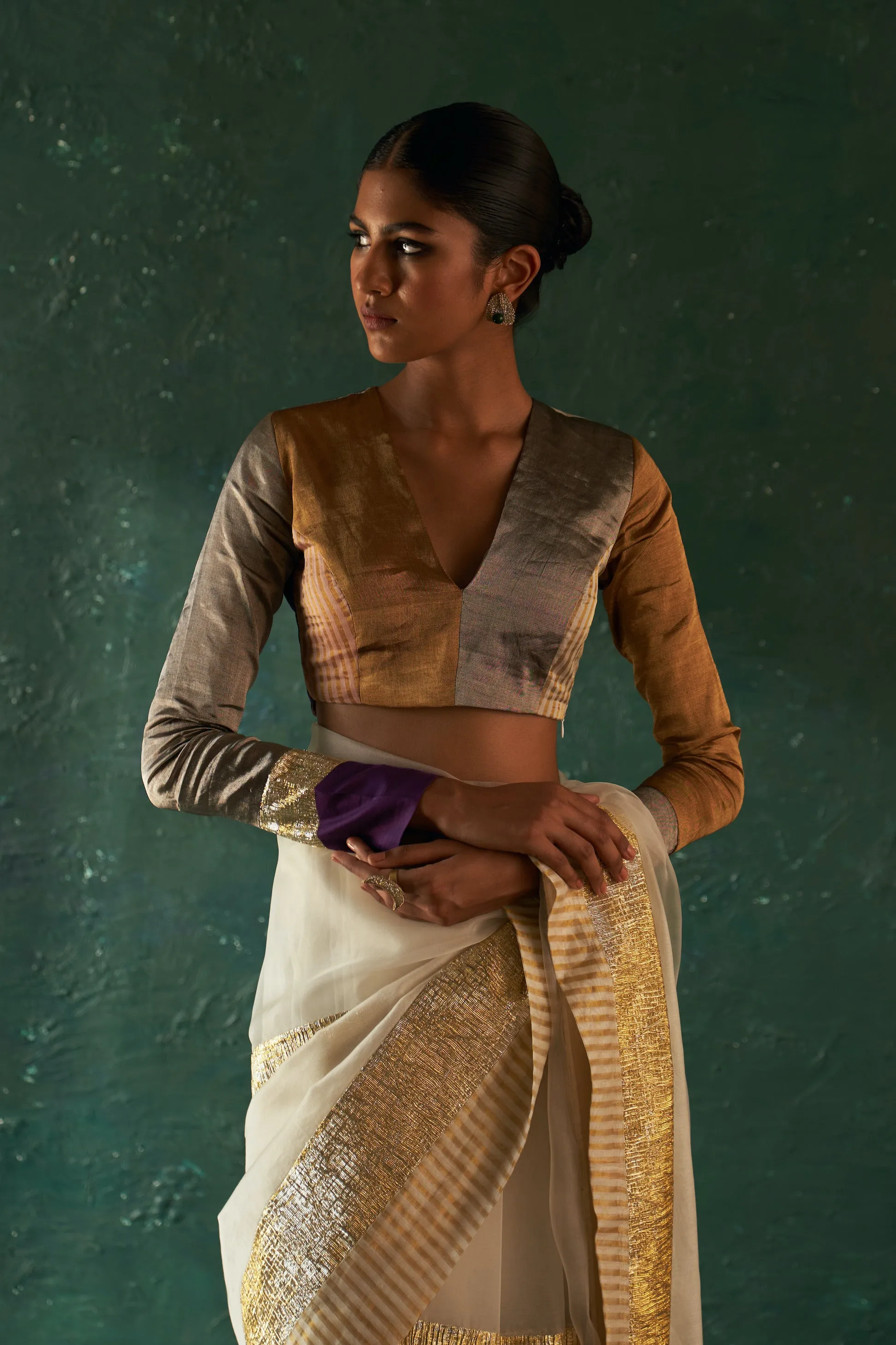 Midas Ivory Saree with Tissue Blouse & Blazer- set of 3