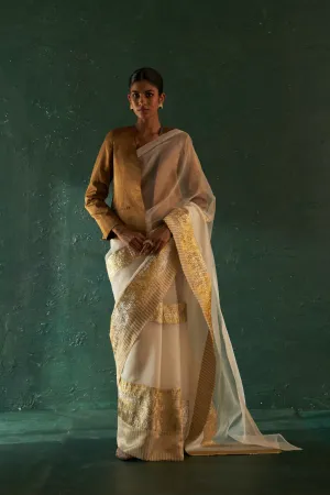 Midas Ivory Saree with Tissue Blouse & Blazer- set of 3
