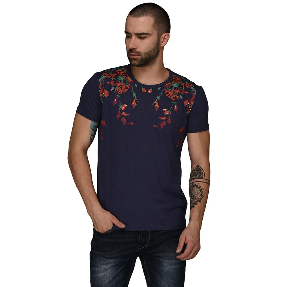 Navy Blue Printed Slim Fit Round Neck T-Shirt | JadeBlue