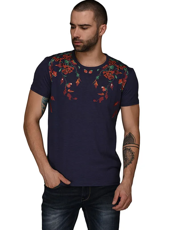 Navy Blue Printed Slim Fit Round Neck T-Shirt | JadeBlue