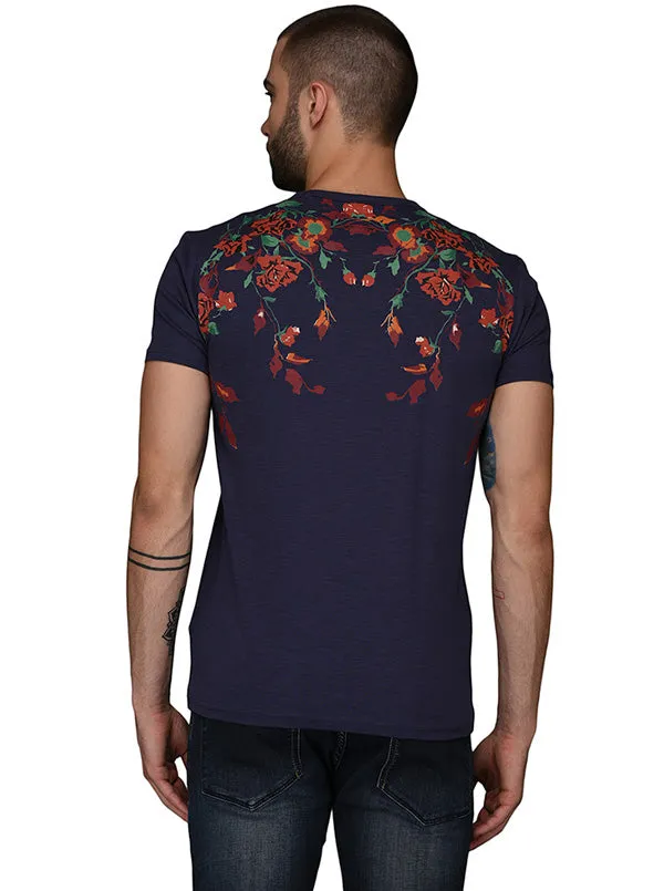 Navy Blue Printed Slim Fit Round Neck T-Shirt | JadeBlue