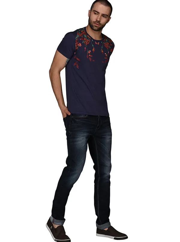Navy Blue Printed Slim Fit Round Neck T-Shirt | JadeBlue