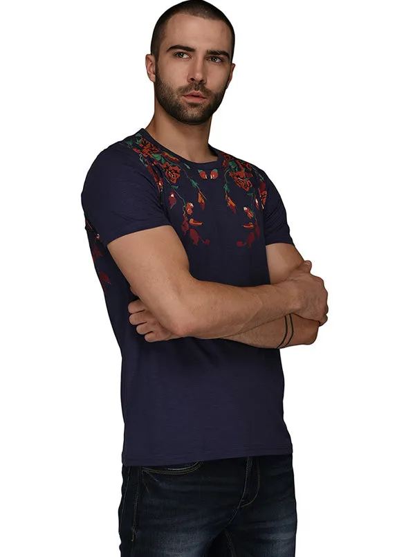 Navy Blue Printed Slim Fit Round Neck T-Shirt | JadeBlue