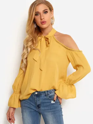 OEM ODM Perkins Collar Plain Hollow Cut Out Self-Tie Long Sleeve Flounced Hem Yellow Blouses