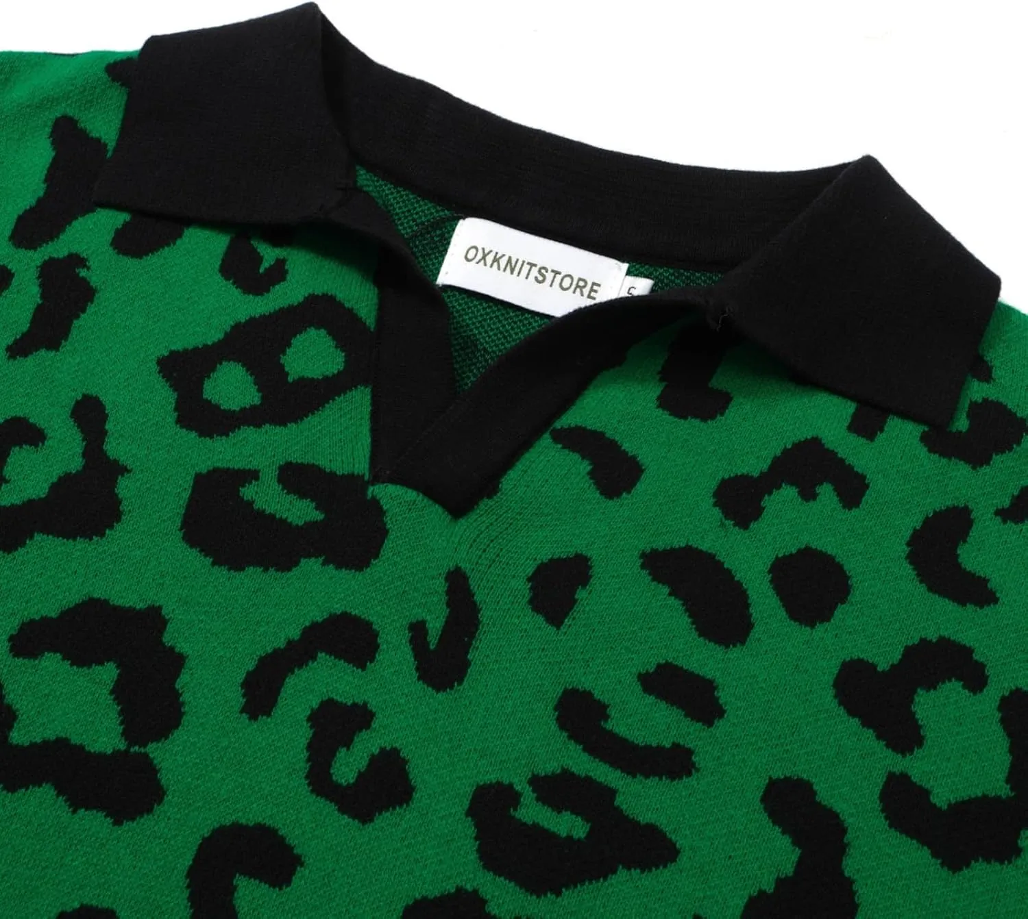 OXKNIT Men's Retro Polo Shirts 1960s Mod Style Vintage Shirts Knitted Polo Shirts V-Neck Leopard Shirt