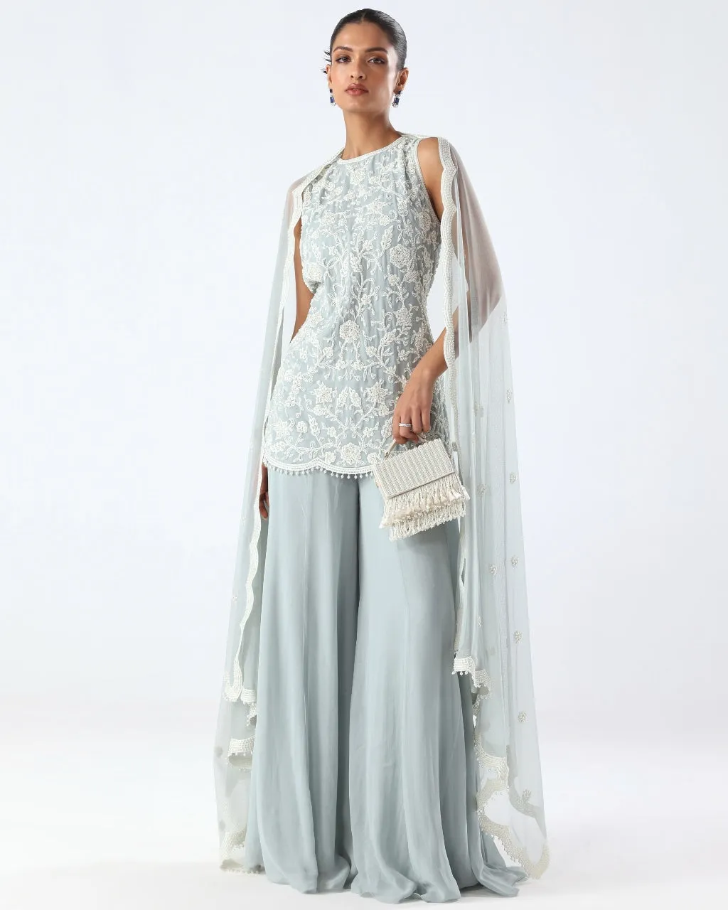 Powder Blue Embroidered Peplum & Sharara Set