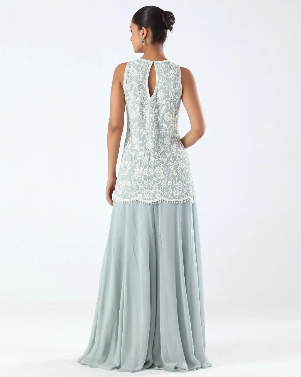 Powder Blue Embroidered Peplum & Sharara Set