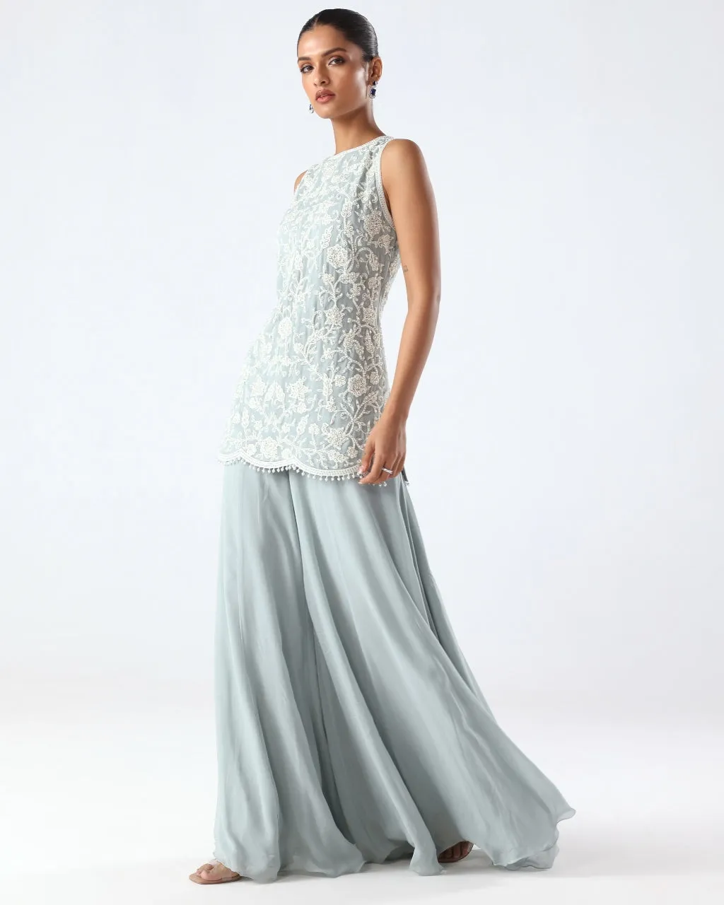 Powder Blue Embroidered Peplum & Sharara Set