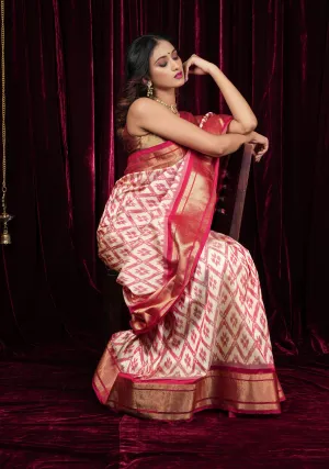 Pure Silk Ikkat handwoven Saree in White, Red and Gold with geometric designs  | SILK MARK CERTIFIED