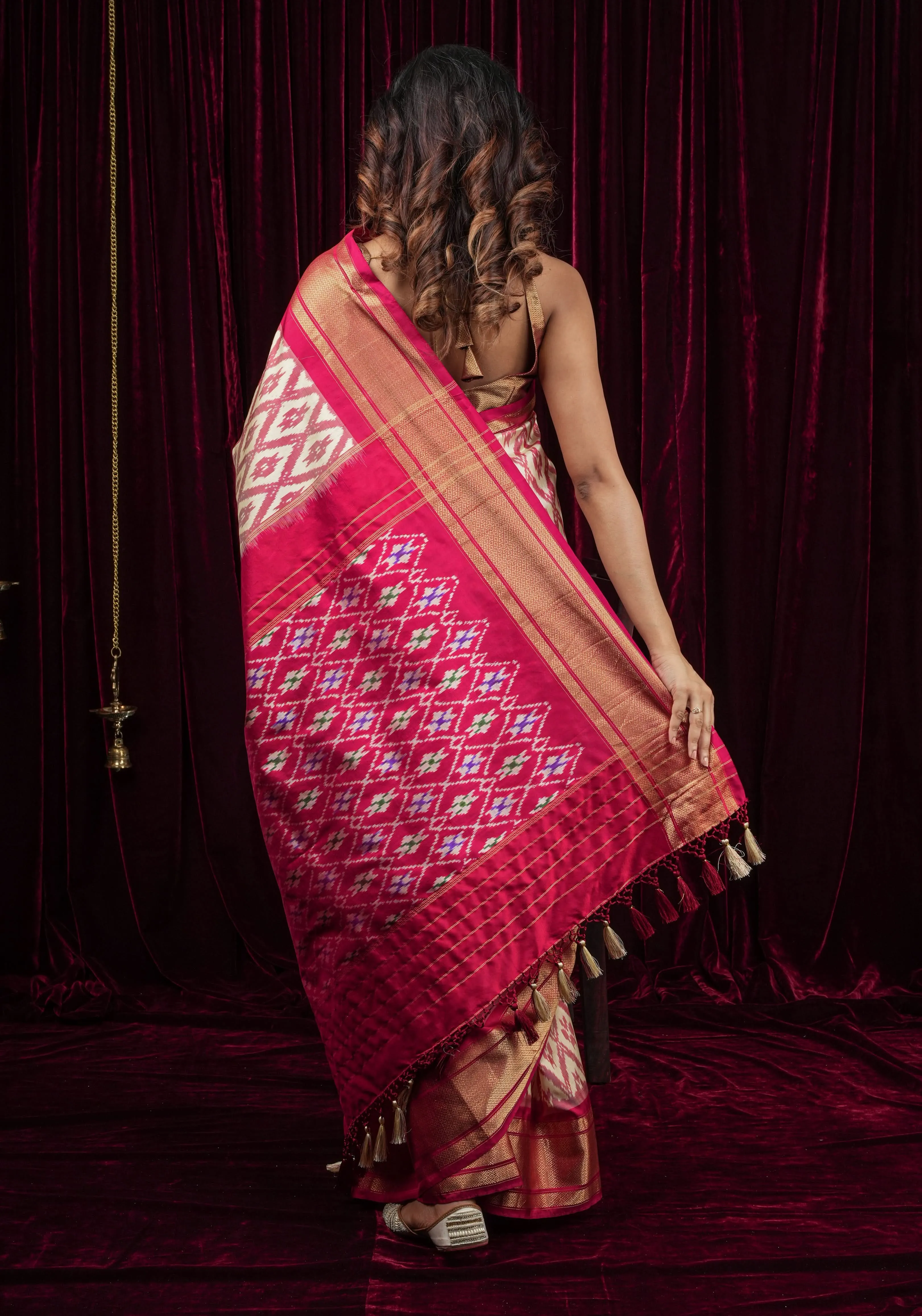Pure Silk Ikkat handwoven Saree in White, Red and Gold with geometric designs  | SILK MARK CERTIFIED
