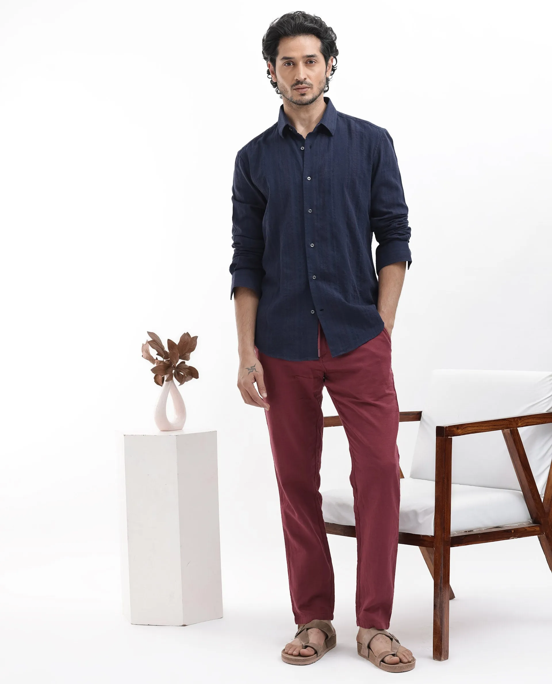 Rare Rabbit Mens Tolic Navy Full Sleeve Cotton Linen Fabric Stripe Print Shirt