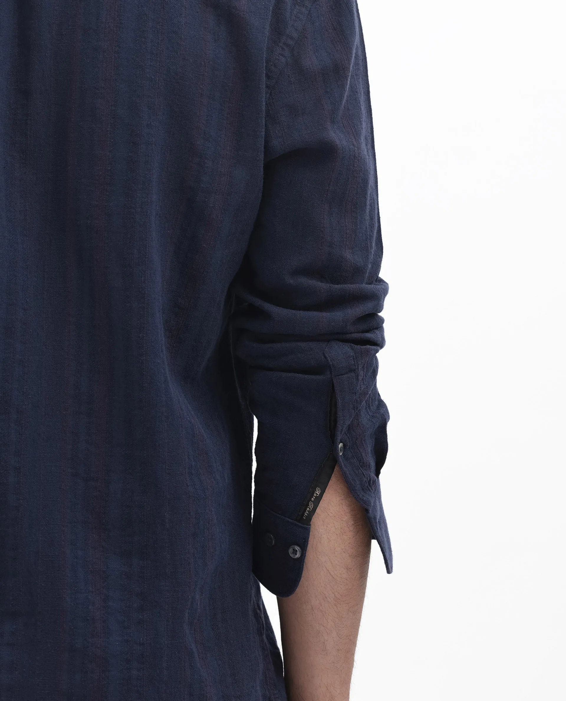 Rare Rabbit Mens Tolic Navy Full Sleeve Cotton Linen Fabric Stripe Print Shirt
