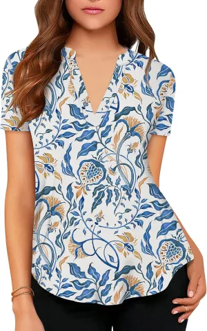 roswear Women's Short Sleeve T Shirts V Neck Paisley Shirts Casual Summer Blouse Floral Tunic Tops to Wear with Leggings