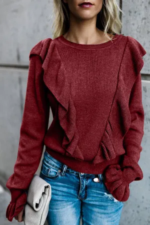 Solid Color Ruffled Round Neck Blouse