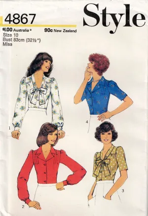 Style 4867 Womens Tucked Shoulder Puff Sleeved Blouse with Optional Neck Tie 1970s Vintage Sewing Pattern Size 10 Bust 32.5 Inches UNCUT Factory Folded