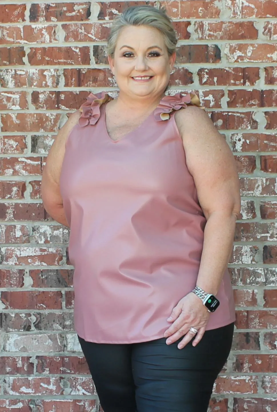 Uptown Vegan Leather V-Neck Top Blush