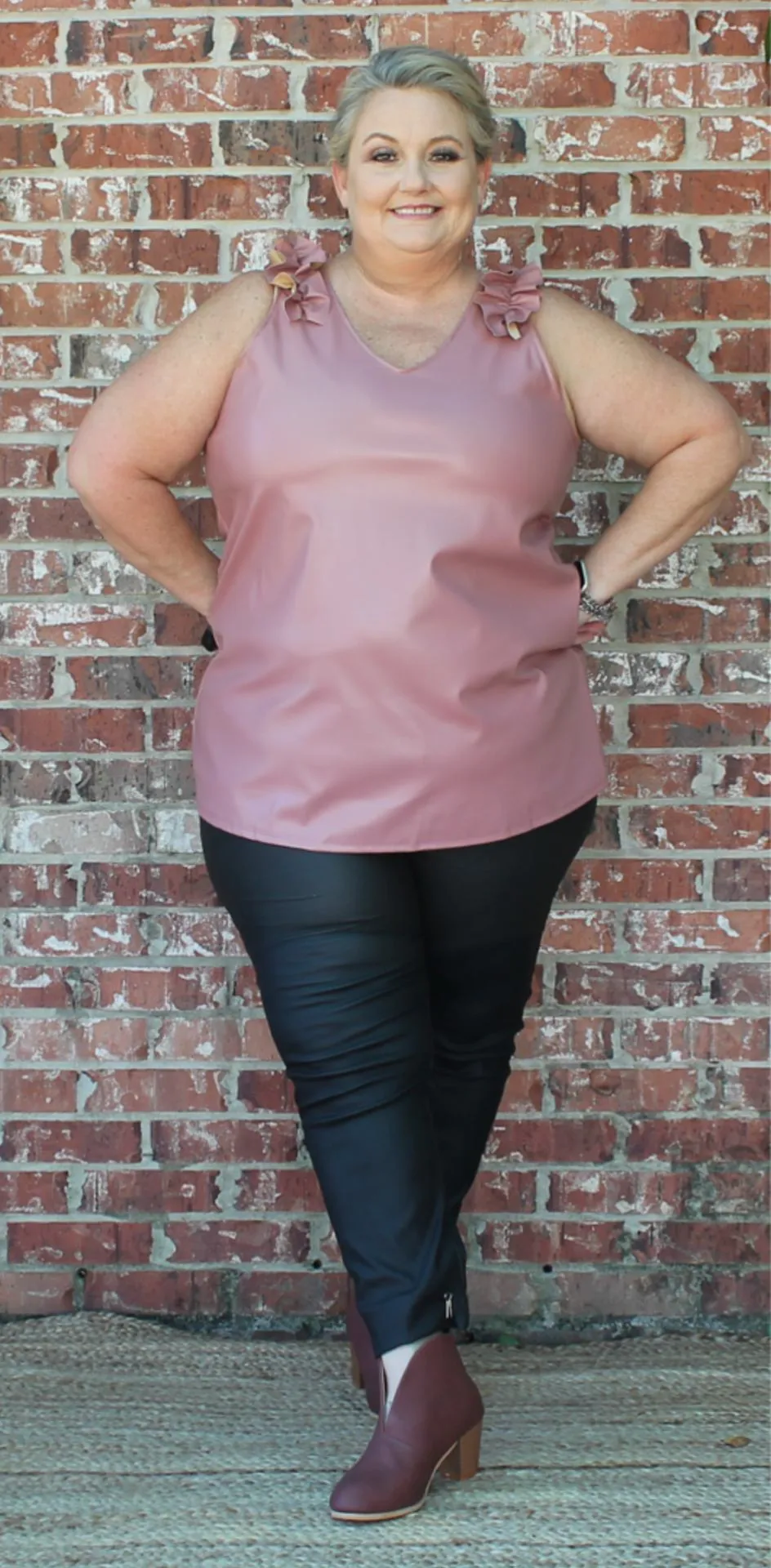 Uptown Vegan Leather V-Neck Top Blush
