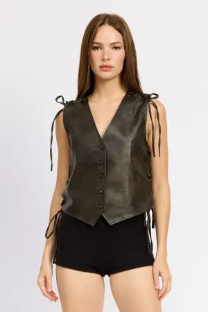 Vegan Leather Vest With Lace Detail