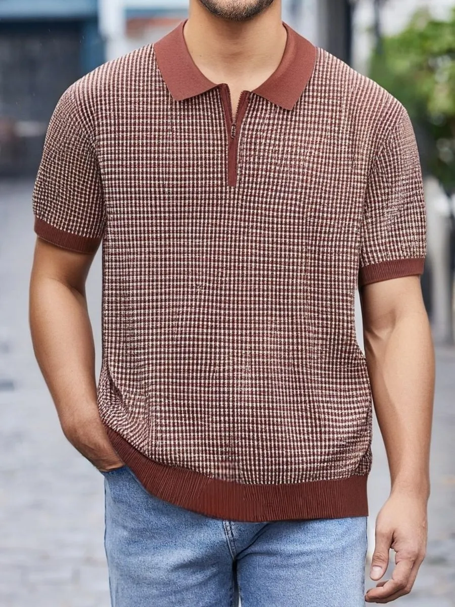 Waffle Textured Knit Zip Polo