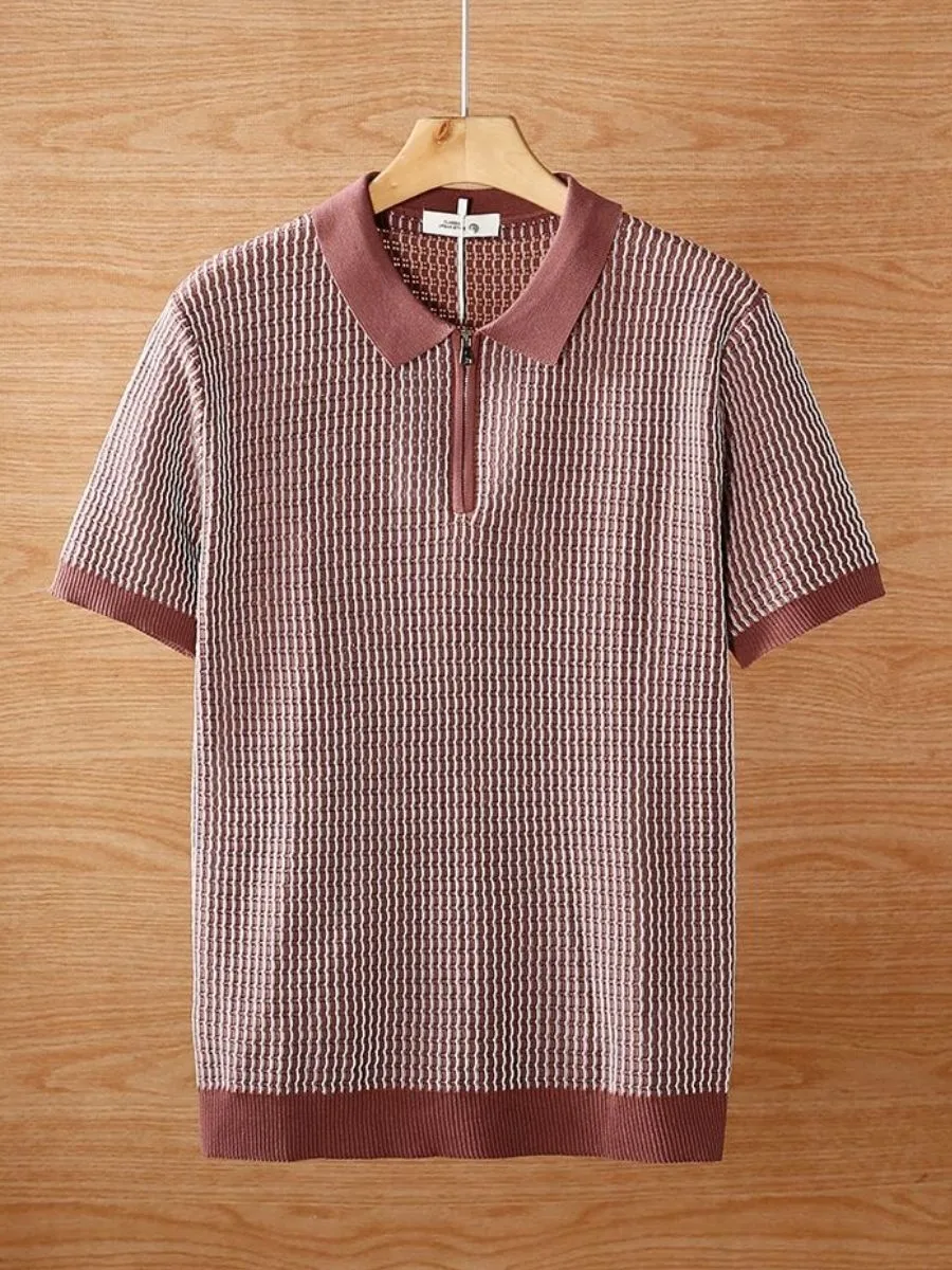 Waffle Textured Knit Zip Polo