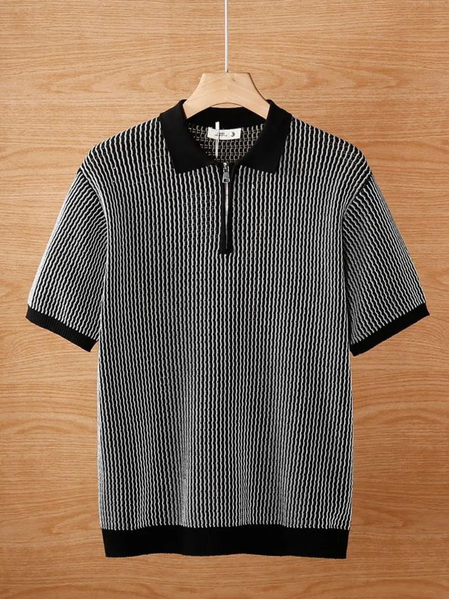 Waffle Textured Knit Zip Polo