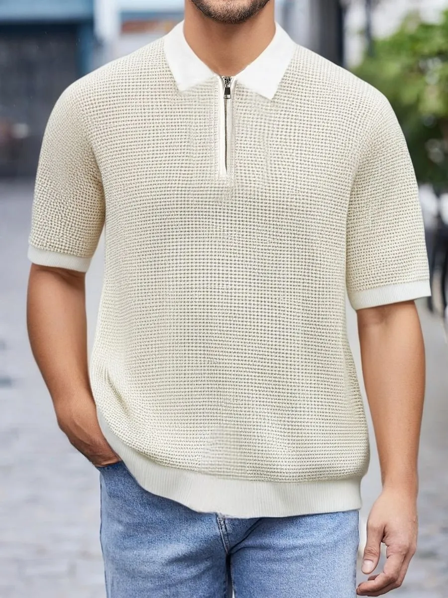 Waffle Textured Knit Zip Polo