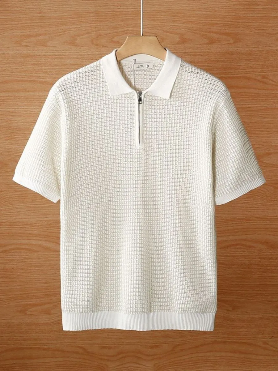 Waffle Textured Knit Zip Polo