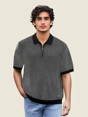 Waffle Textured Knit Zip Polo