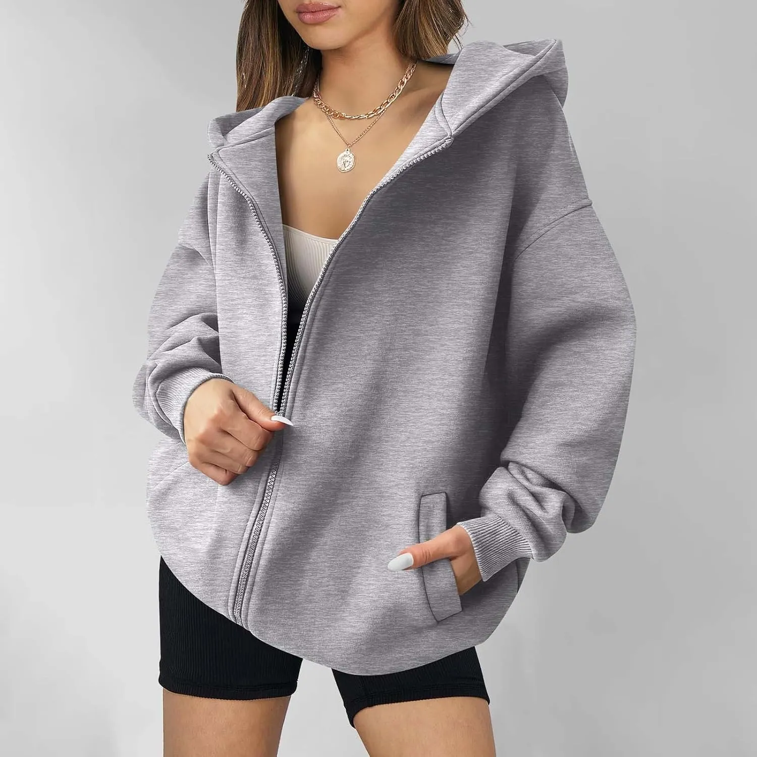 Women's Oversized Hooded Sweatshirt Full Zip Up Long Sleeve Jackets With Pockets Fall Outfits Y2K Teen Girls Clothes