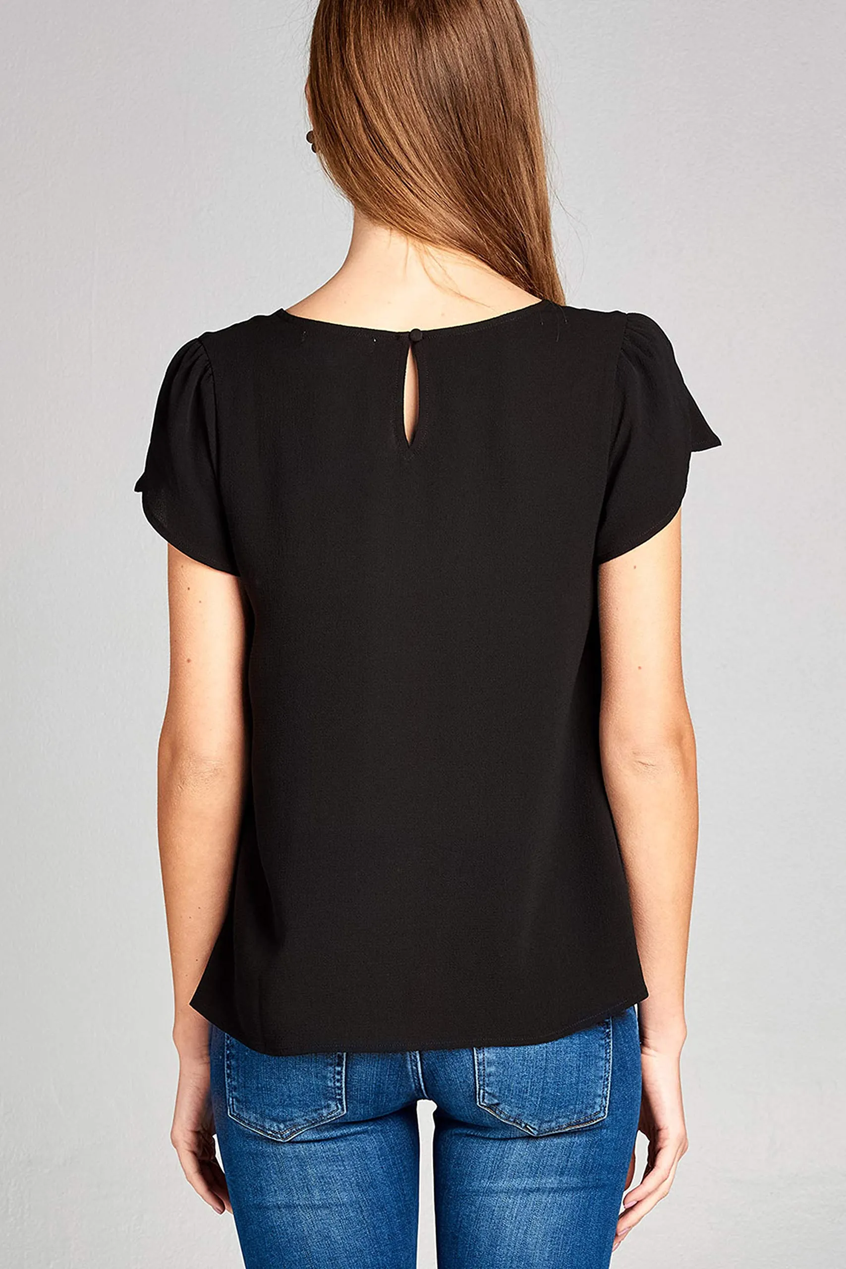 Women's Tulip Sleeve Round Neck Back Button Crepe Top