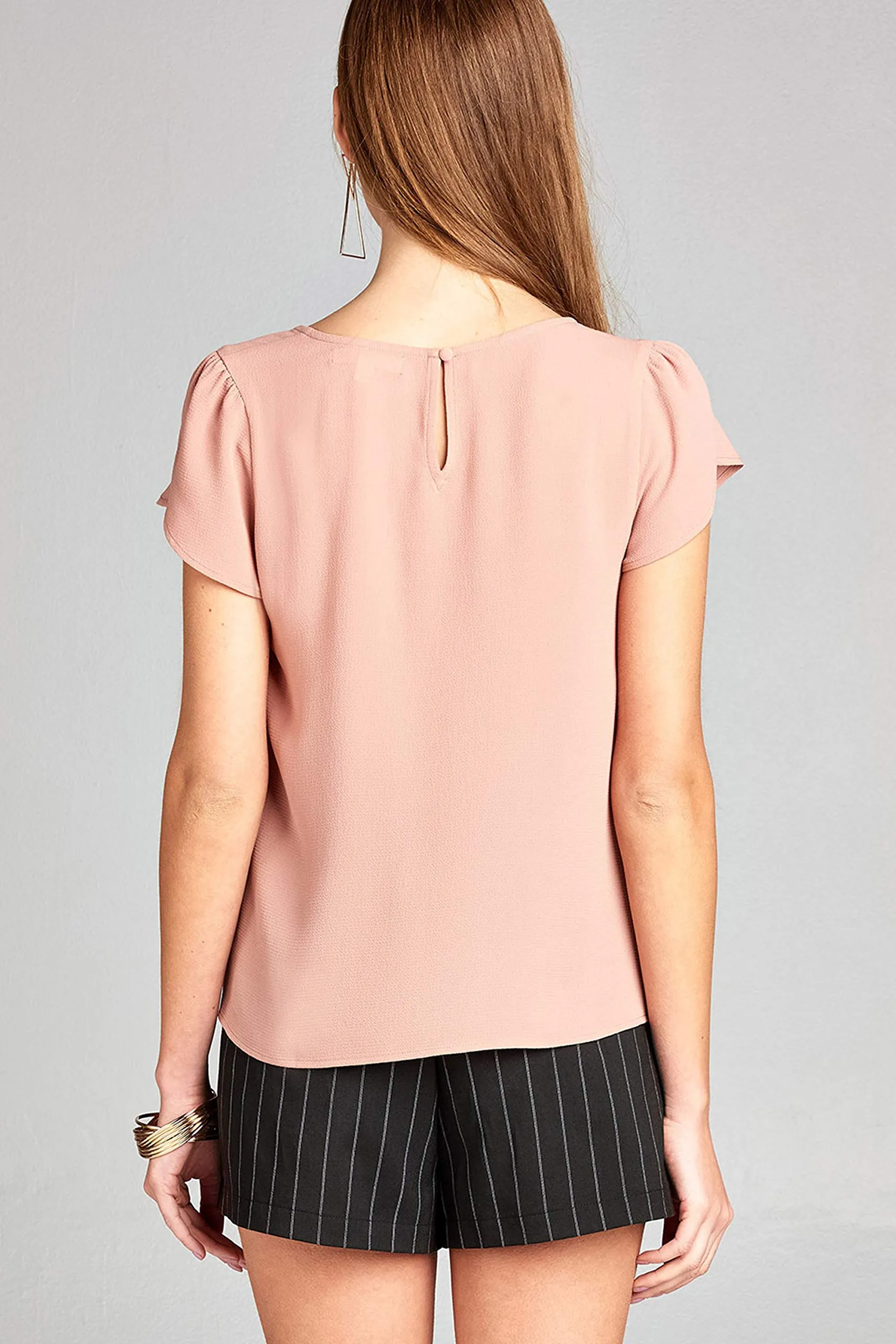 Women's Tulip Sleeve Round Neck Back Button Crepe Top