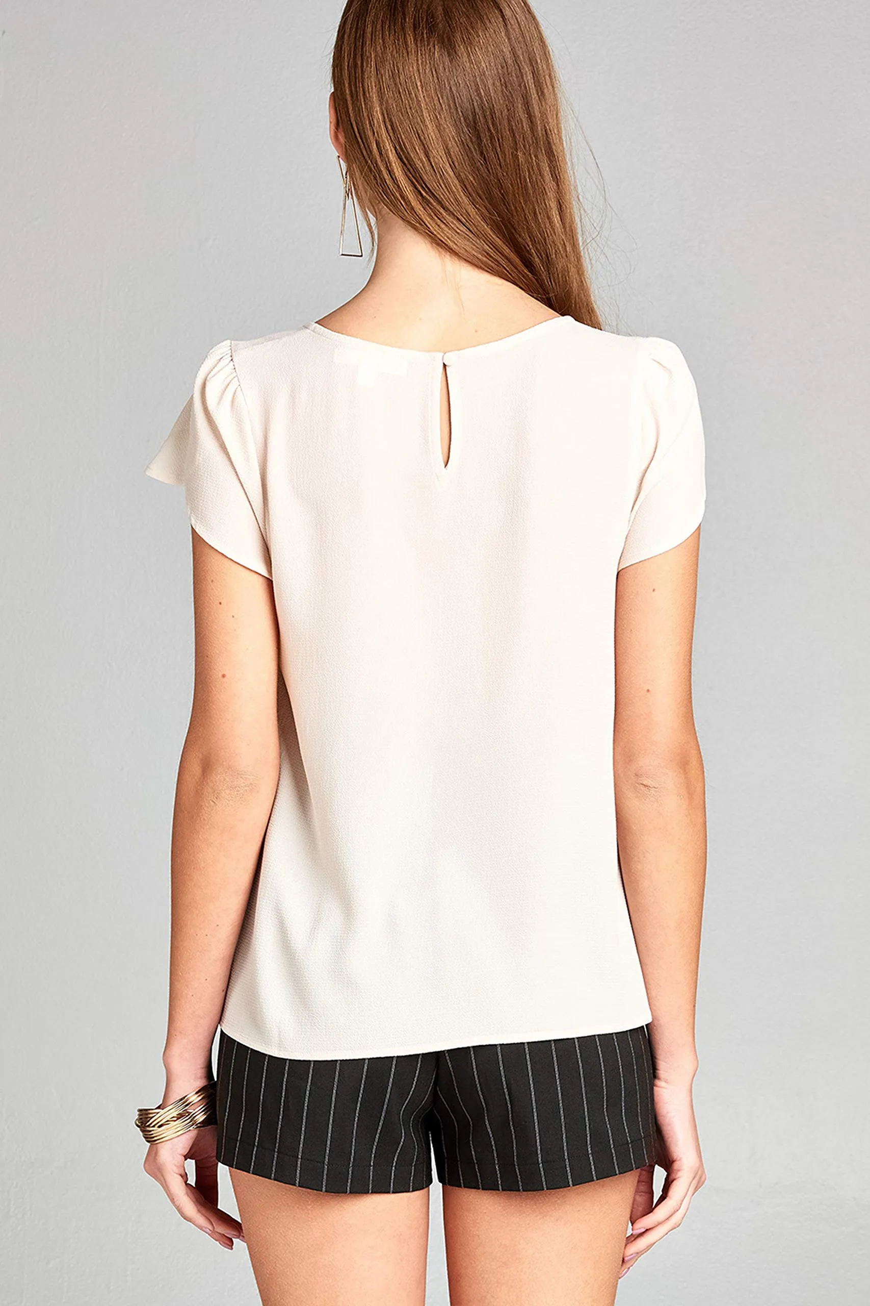 Women's Tulip Sleeve Round Neck Back Button Crepe Top
