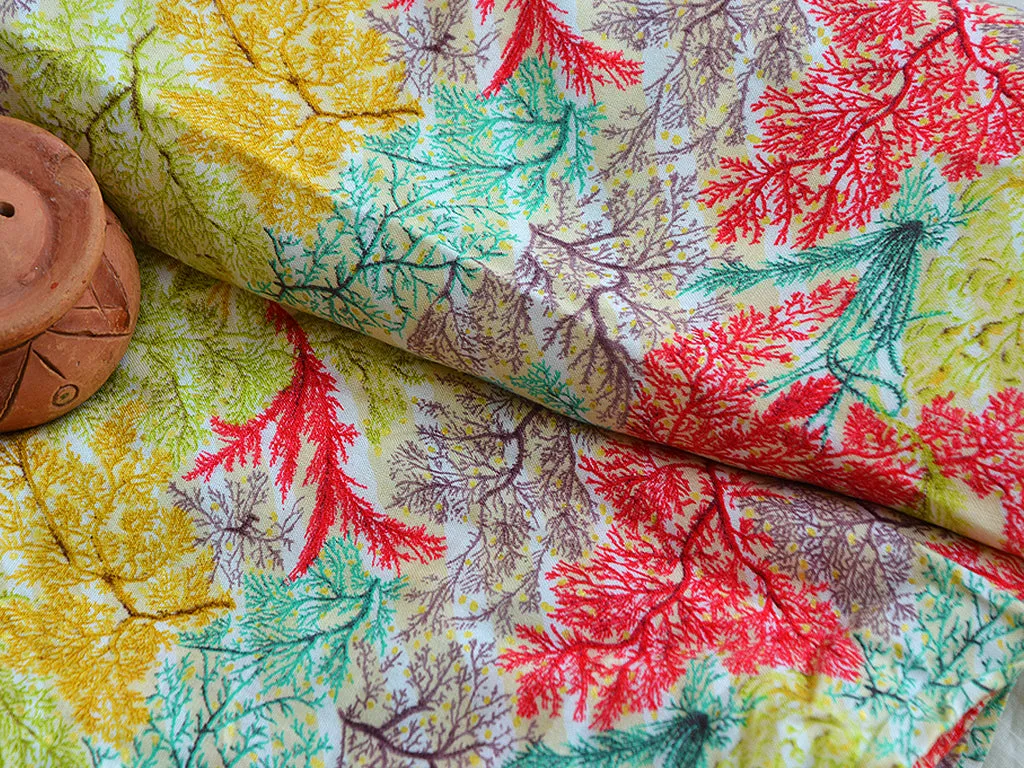 Yellow Multicolor Autumn Seasonal Traditional Digital Print Cotton Rayon Fabric